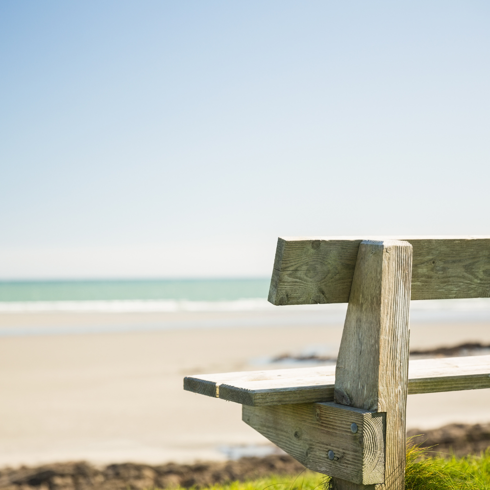 Peaceful seaside bench representing reflection and therapy